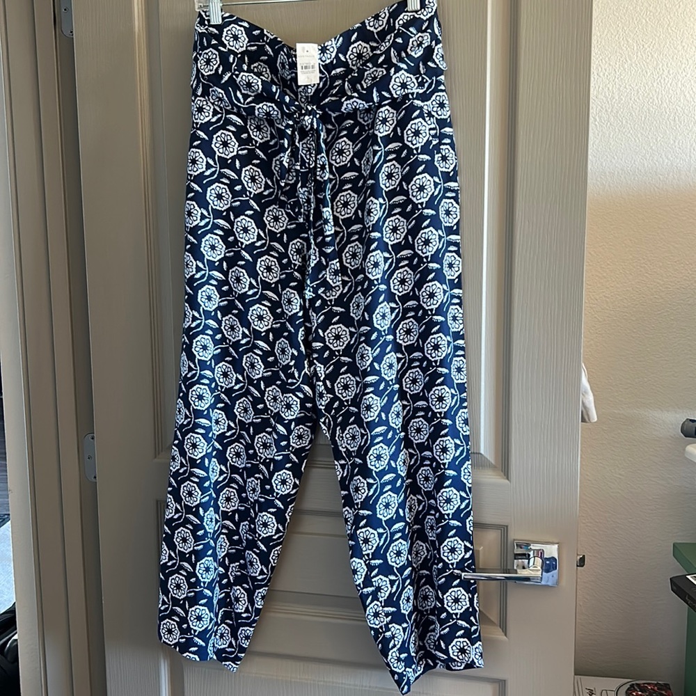 NWT Ann Taylor Floral Blue Print Pull on Tie Waist Wide Leg Pant - L